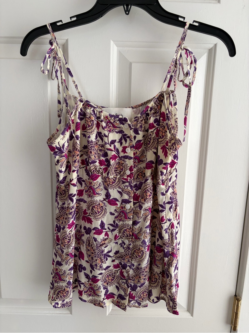 ba&sh Cream Tank with Purple Floral Tie-Straps